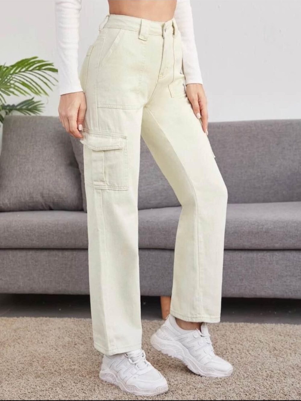 Women’s High-Waist Cargo Jeans Cream Pockets Beige Pants Yellow